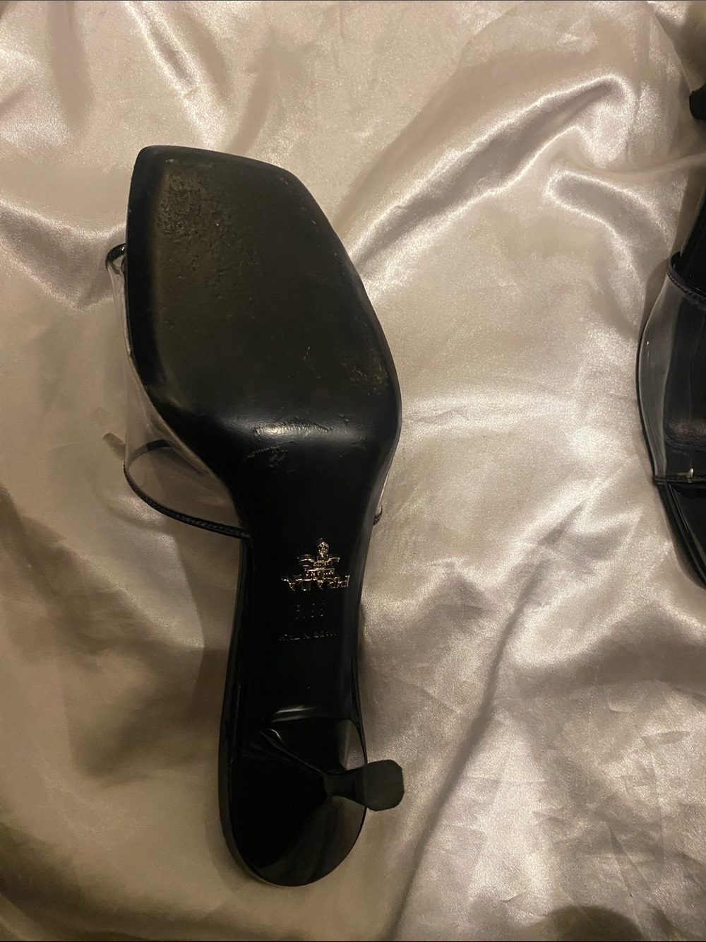 Prada Black Leather Mules with Clear PVC Strap and Silver Logo Plaque - Picture 4 of 5